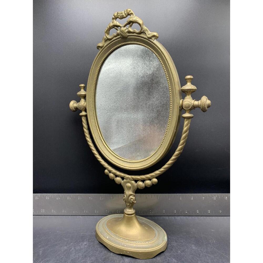 Antique Ornate 15" Solid Brass Ornate Oval Vanity Table Top Stand Pivots Vintage